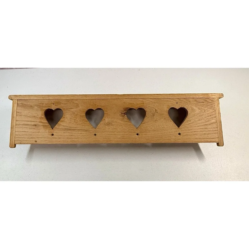 Vintage Cottage Farmhouse 4 Heart Cutout 7 Peg Shelf 28″ Rustic Wooden Wall Rack